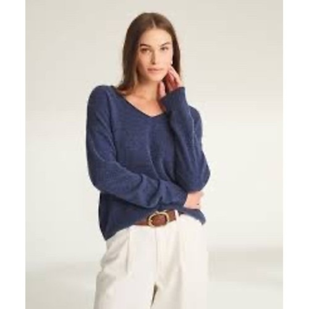 Naadam 100% Cashmere V-Neck Sweater Navy‎ Blue Loose Knit Pullover NWT Sample